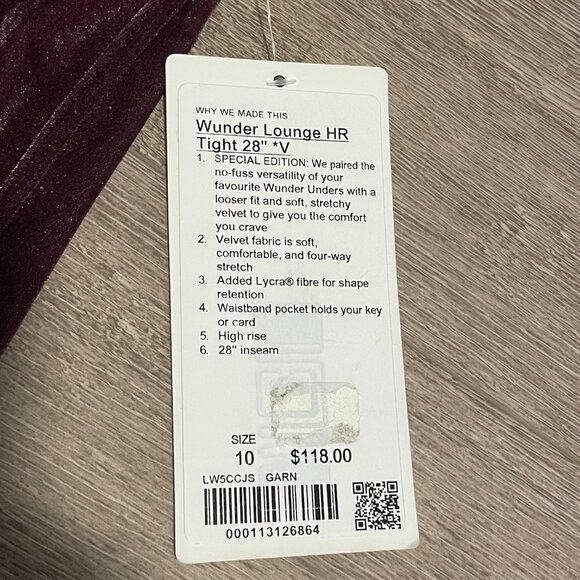 NWT Lululemon Size 10 Wunder Lounge HR Tight 28” *V Velvet Garnet GARN - Picture 8 of 8
